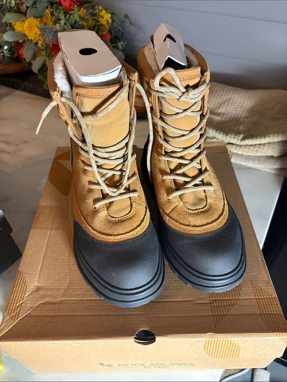 Koolaburra Tan and Black Lace-Up Winter Boots
